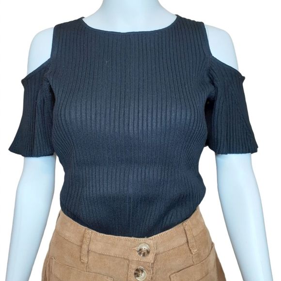 Roaman's Black Ribbed Sweater Material Cold Shoulder Bodycon Tunic Top 12 NWOT - Picture 3 of 9